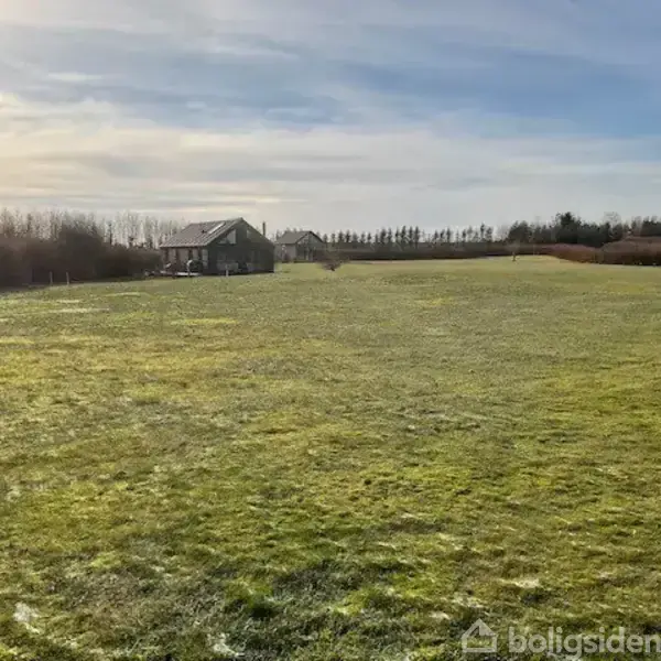 Et hus står stille på en stor græsmark, omgivet af træer og buske under en let overskyet himmel.