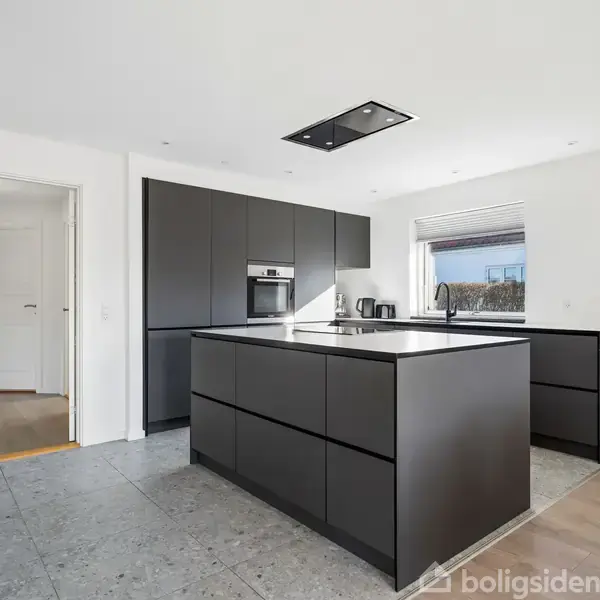 Et moderne køkken med sorte skabe og en central ø, rummelig og minimalistisk. En ovn er indbygget i væggen. Et stort vindue giver naturligt lys. En plante står i hjørnet.