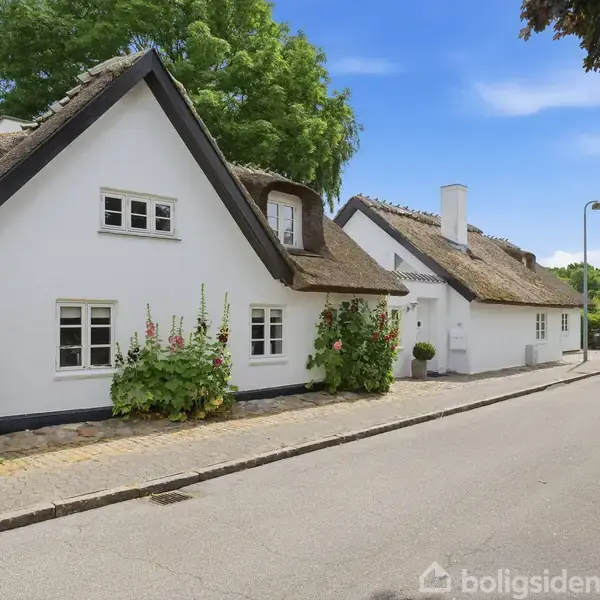 Hvidt stråtækt hus med blomster foran, beliggende langs en stille vej med træer i baggrunden og godt vejr under en blå himmel.