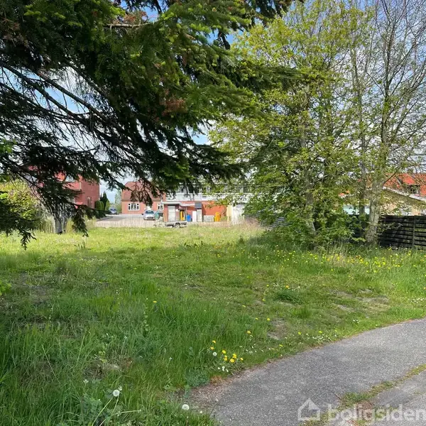 En grøn grund med græs og vilde blomster. På afstand ses huse og træer. Et skilt til højre viser teksten: "Til salg - Kontakt."