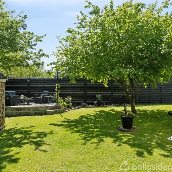 En grøn have med et træ står i midten. En terrasse med havemøbler ligger i baggrunden. En brændeskur ses til venstre, omgivet af hegn og sollys.