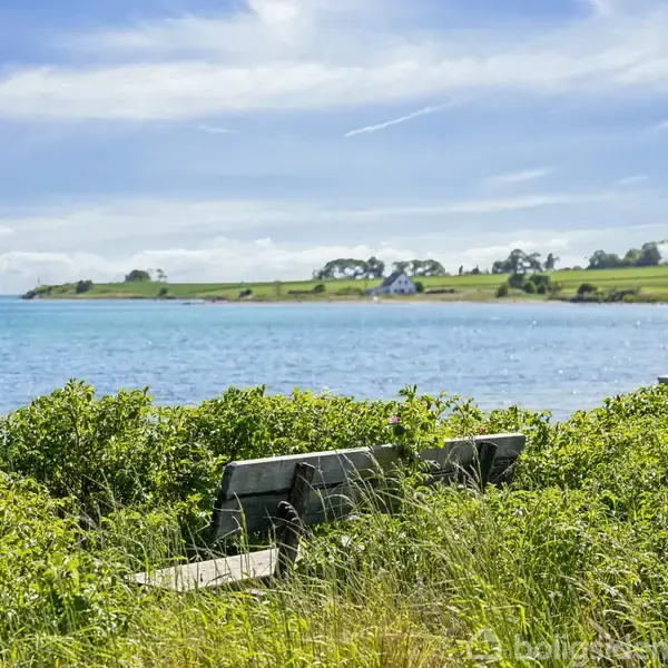 Kyststrækning med klart vand og en smal strand. Små huse spredt blandt træer nær kysten. Omgivet af frodige marker, der strækker sig ind i det bakkede landskab.