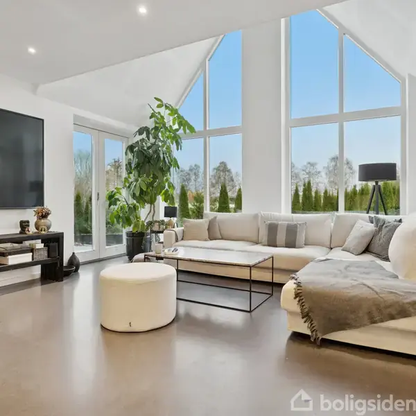 Stor beige sofa står i moderne stue med store vinduer, der lukker lys ind. En stor fladskærm hænger på væggen, og en indendørs plante står ved siden af. Ingen tekst til stede.