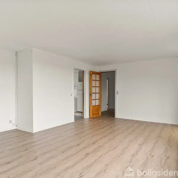 Et lyst rum med trægulv står tomt. En åbning med en glasdør leder til tilstødende rum. Store vinduer på højre væg giver naturligt lys. Ingen tekst.