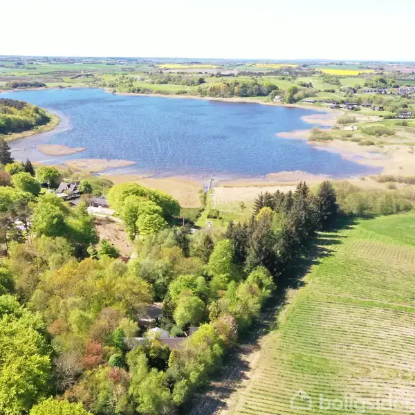 En sø ligger stille omgivet af frodig skov og grønne marker. Landskabet breder sig ud i bakkede områder under en klar blå himmel, hvilket skaber en idyllisk, naturpræget scene.