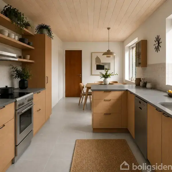 Køkken med træskabe står stille i et moderne, lyst rum. Vinduet mod højre giver naturligt lys. Et spisebord med stole ses i baggrunden. Vægure og planter tilføjer dekoration.