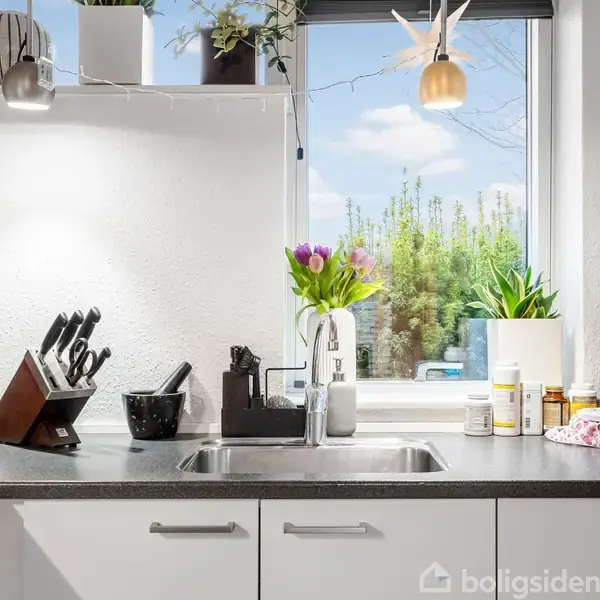 Køkkenbord med vask omgivet af knivblok, kaffeapparat og krydderier. Blomster i vase ved vindue med udsigt til buske og blå himmel.