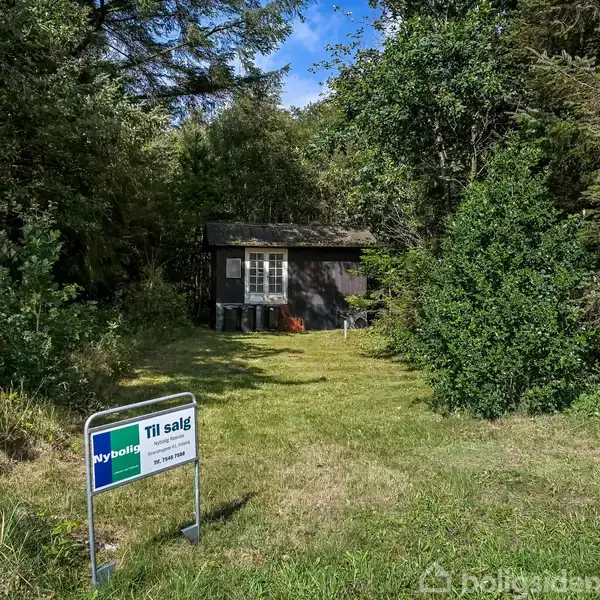 Et lille mørkt træhus står stille omgivet af tæt skov. Foran huset er en græsplæne, og nær indgangen er der et skilt med teksten "Nybolig Til salg".