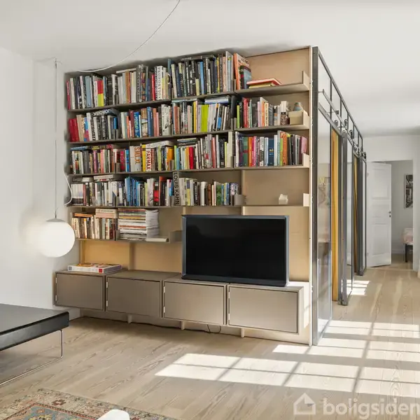 En stor bogreol fyldt med bøger er placeret i en stue med moderne indretning. En fladskærms-TV står på en lav skænk under reolen. Lys strømmer ind fra vinduer på højre side. En farverig abstrakt maleri hænger til venstre.