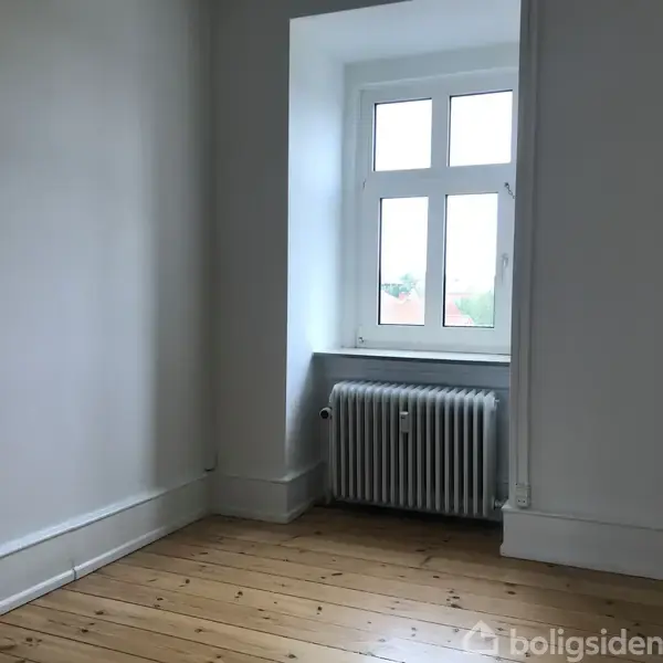 Et tomt værelse har en radiator under et vindue med sprosser. Trægulvet har en lys finish. Rummet har hvide vægge og enkel indretning.