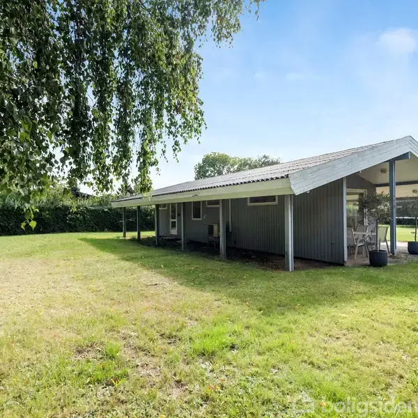 Et sommerhus med et skrånende tag står på en stor, åben græsplæne omgivet af træer. Skyggen fra en hængende gren skaber en dæmpet atmosfære.