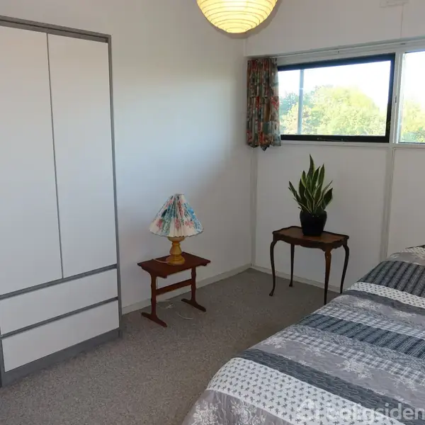 Et soveværelse med en seng til højre dækket med et stribet sengetæppe, en stor garderobe til venstre, en lampe på et lille bord, og en plante ved et vindue.