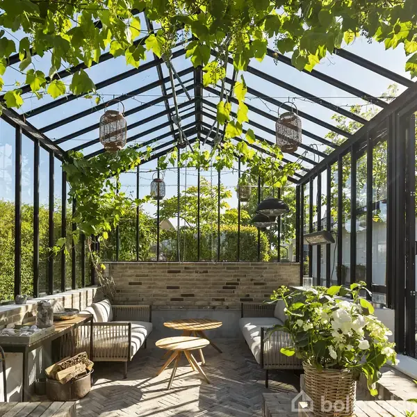 Drivhus med grønne planter hænger fra loftet og vokser langs vinduerne. To kurvestole og et lille bord står på stengulvet. Lysindfald fra klar himmel skaber en lys atmosfære.