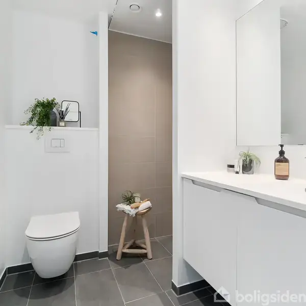 Toilet er placeret ved siden af en hvid væg med en lille hylde, hvorpå der står en plante. På modsatte væg er der en stor spejl og en hvid vask med en plante og sæbe. Badeværelset har grå gulvfliser.
