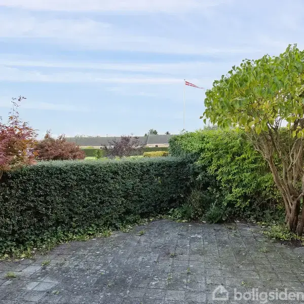 En stenbelagt terrasse omgivet af grønne buske og træer. I baggrunden ses en åben udsigt med en blå himmel og en flagstang med Dannebrog.