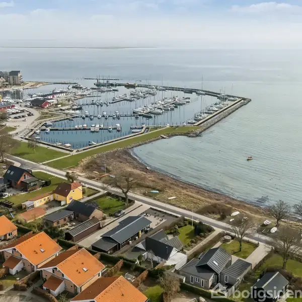 Luftfoto af en marina med mange både, beliggende ved kysten. Foran havnen er der et boligområde med huse, skifter mellem røde og mørke tage.