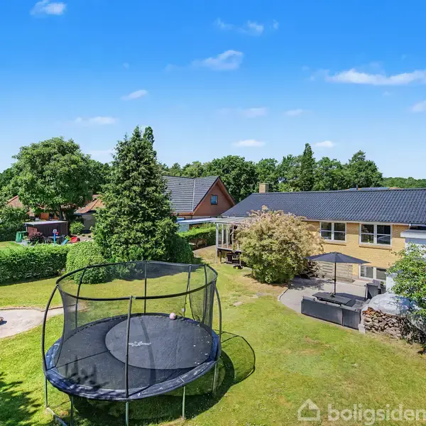 Trampolin står på en velplejet græsplæne ved siden af et gult murstenshus med terrasse. Omgivet af træer og buske under en klar blå himmel.