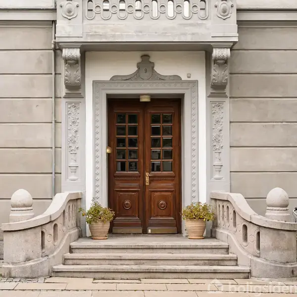 En mørk trædør med glasruder er omgivet af detaljeret stenramme. To trapper med gelændere fører op til døren. Cykler er placeret på begge sider. Blomsterkrukker står ved indgangen.