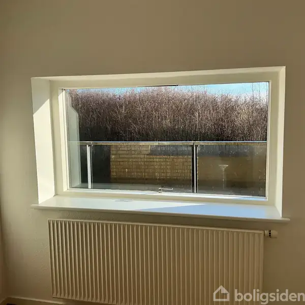 Et vindue med en radiator nedenunder viser en udsigt til en mur og buske udenfor. Rummet er oplyst af sollys, der skaber skygger på væggen.