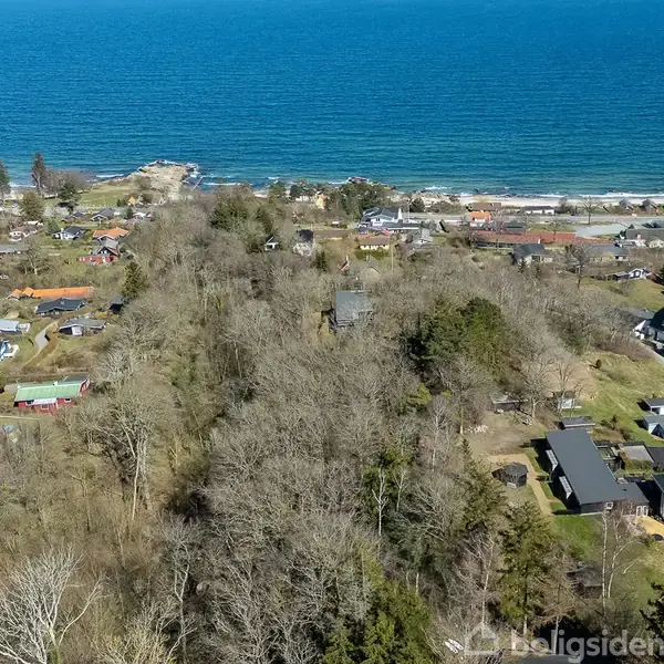 Kystområde med huse spredt blandt træer, set fra luften. Huse ligger nær havet, omkranset af skov og grønne områder. Stranden og bølgerne ses i baggrunden.