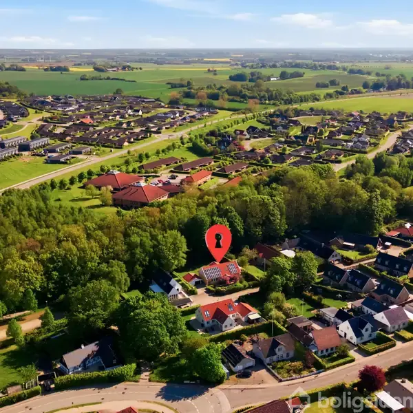 Rødt pin-ikon markerer et hus i en skovrig forstad med mange boliger. Omgivet af store grønne marker og mindre boligområder i det fjerne.