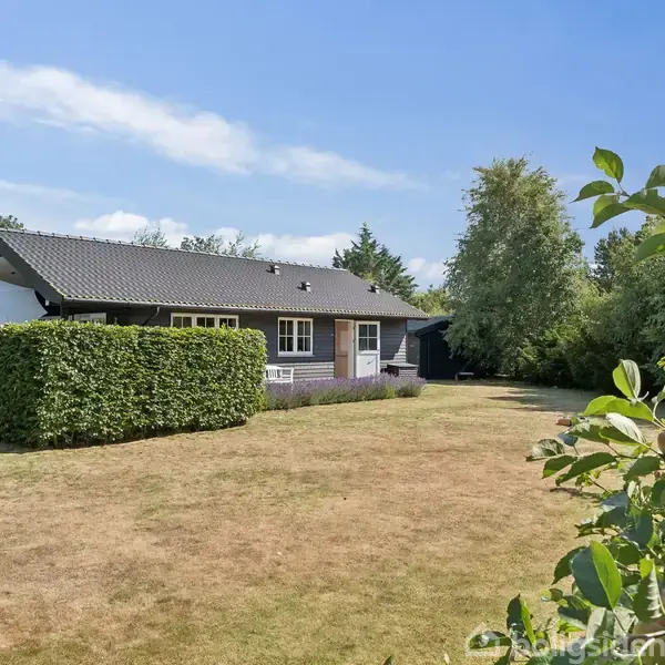 Et lille hus står stille omgivet af en frodig have med et æbletræ i forgrunden. Græsplænen ser solbelyst ud, omkranset af buske og træer.