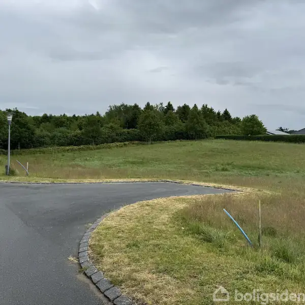 En tom, græsbevokset grund ligger stille ved siden af en asfalteret vej i et fredeligt, grønt område med buske og træer i baggrunden under en overskyet himmel.