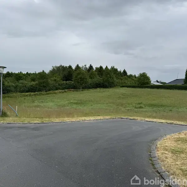 En tom græsmark ligger stille ved siden af en asfalteret vej omgivet af træer og buske under en overskyet himmel. En enkelt lygtepæl står ved vejkanten.