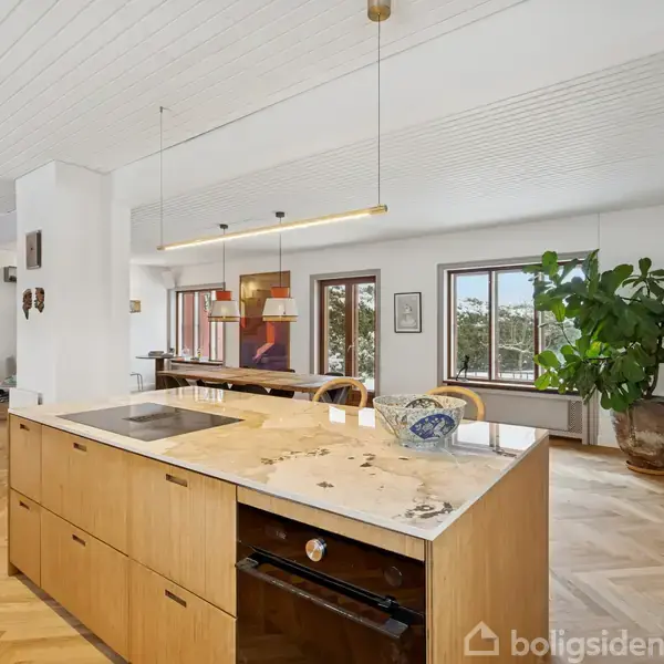 Et moderne køkken indeholder en stor køkkenø med indbygget ovn og kogeplade. Rummet er lyst med trægulv, store vinduer og en stor stueplante i et hjørne.