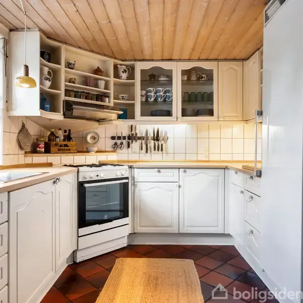 Køkken med hvide skabe og komfur, knive hængende på væggen, og hvide fliser. Overflader tilberedt med diverse køkkenredskaber. Trægulv og loft skaber en hyggelig atmosfære.