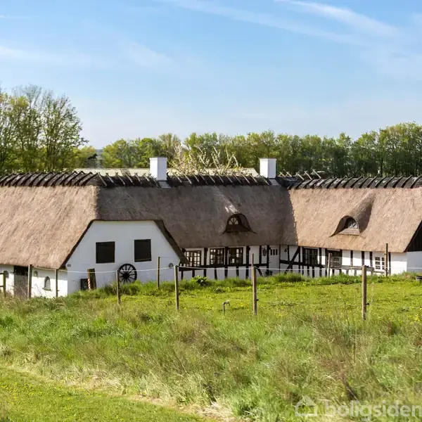Et gammelt stråtækt hus ligger stille omgivet af grønne marker og træer. Husets hvide vægge og mørke stråtag står i kontrast til den frodige natur omkring det.