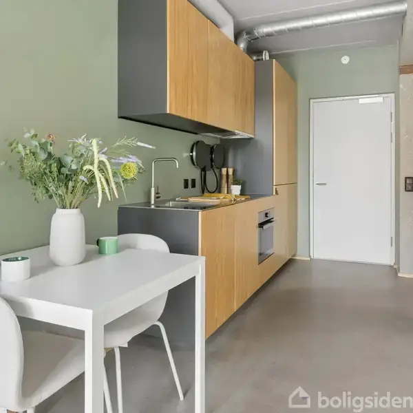 Bord med grønne planter og stole, står ved siden af et moderne køkken med træskabe. I baggrunden ses en hvid dør i et rum med grå gulv og grøn væg.