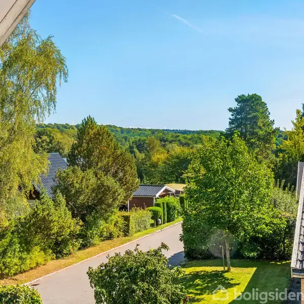 Et hus ses med en havevej i en grøn, skovrig forstad. Træer og buske omkranser området under en klar, blå himmel.