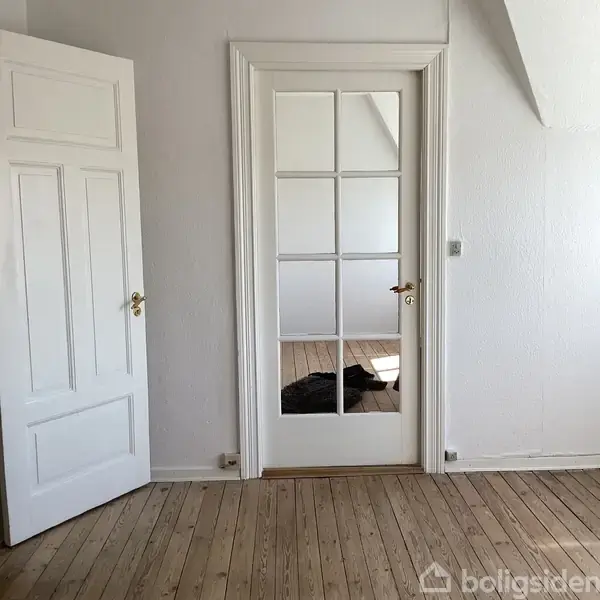 En hvid dør med glasruder står halvvejs åben, afslører et lyst, trægulvet rum med et mørkt tæppe. Væggene er hvide, og der er en enkel, minimalistisk indretning.