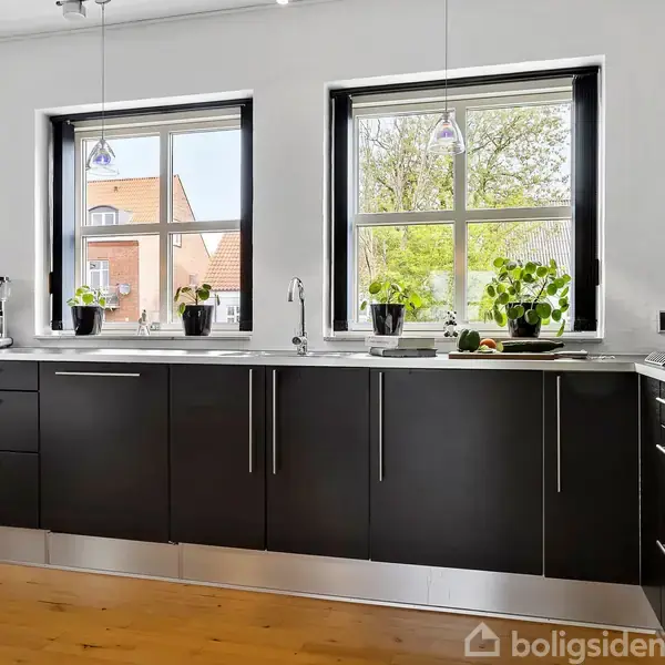 Et moderne køkken har sorte skabe, en vask med hane og planter på bordpladen. To store vinduer giver udsigt til et hus med rødt tag.