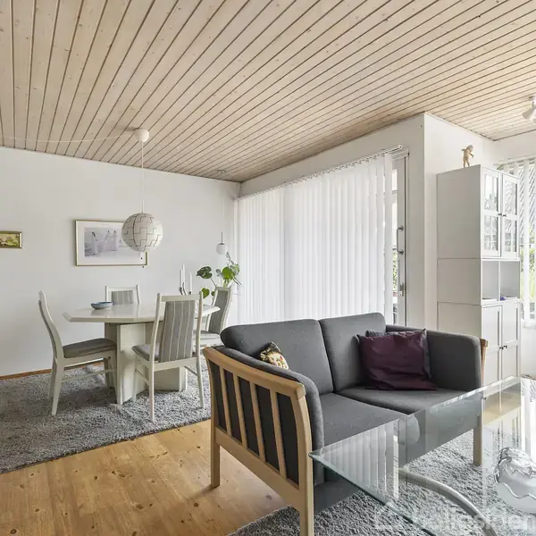 Stue med gråt sofaarrangement og glasbord, placeret på trægulv. Lys træloft og hvide gardiner skaber en lys atmosfære. Rundt spisebord med stole står i hjørnet nær planter.
