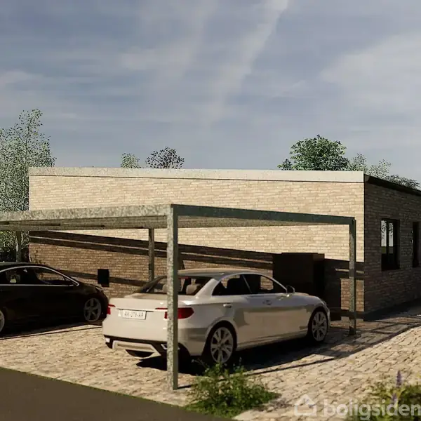 En moderne, enkelt etplanshus i mursten ses i en gårdsplads med to parkerede biler under en carport. Baggrunden har grønt løv og en klar himmel.