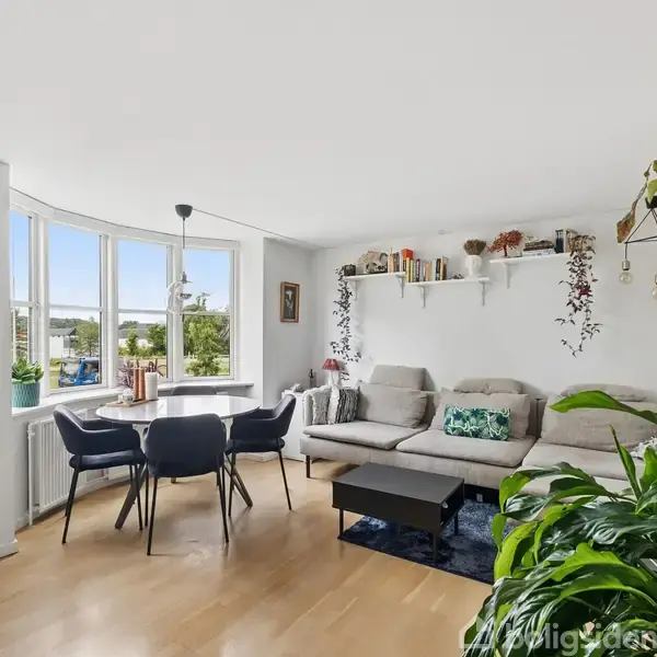 Stue med en grå sofa, der står langs væggen. Rundt spisebord med fire blå stole ved stort vindue. Grønne planter og bogreoler giver en lys og hyggelig atmosfære.