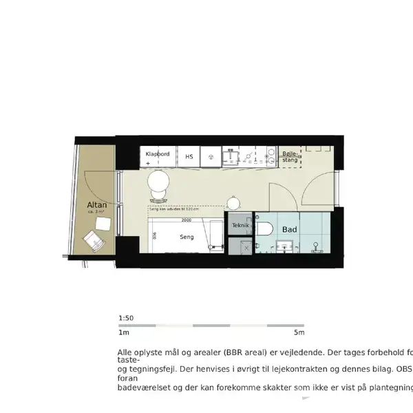 Plantegning viser en lejlighed med altan, seng, tekøkken, og bad. Tekst: "ÅRHUS BOLIGTYPE A+ BR: 29-31 m²." Indikerer skabe, køleskab, og håndvask. Bemærkninger om mål og eventuelle ændringer.