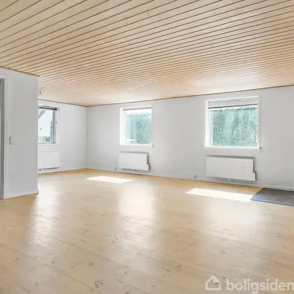 Stue med trægulv, brændeovn i hjørnet, hvidmalede vægge, og tre vinduer der slipper dagslys ind. Til venstre en åbning fører til en anden del af huset.