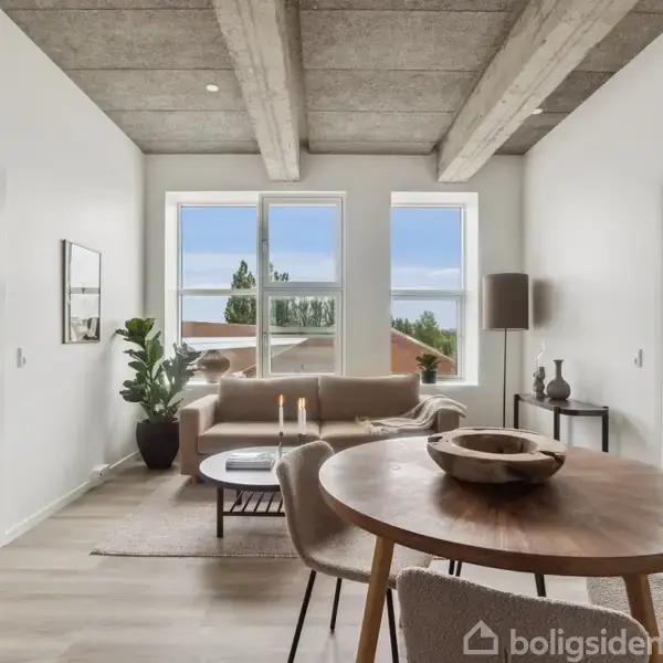 Stue med runde spisebord og stole, moderne sofa, and plante ved vindue. Indrettet med gulvlampe og dekorationer. To soveværelser i baggrunden af rummet.
