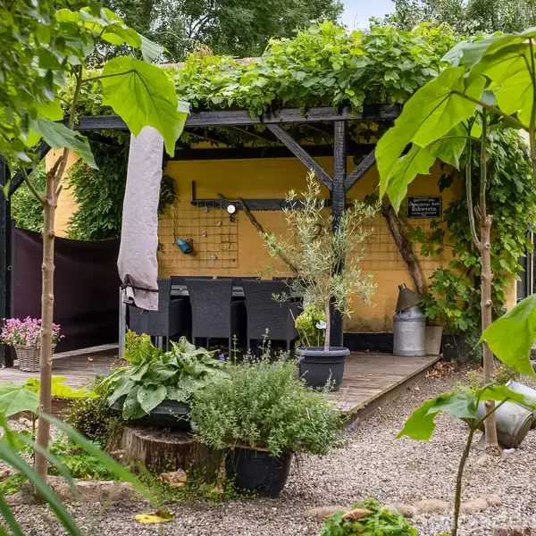 Overdækket udendørs køkken med grå vandhaner står på terrasse med planter og træer omkring. Hylder og kroge er på væggen, med grønne planter hængende fra taget.