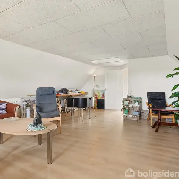 Stue med sofa, borde og stole omgivet af grønne planter. Lyse vægge og trægulv skaber en behagelig atmosfære. I baggrunden står et spisebord med stole samt en stålampe.