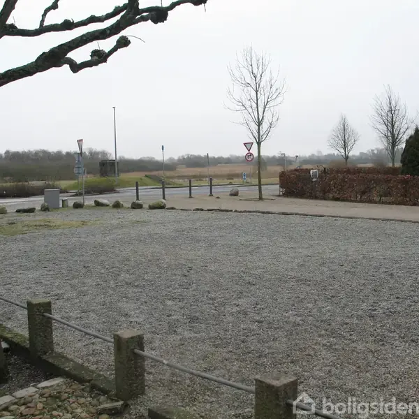 En grusplads med spredte træer står stille ved siden af en vej i et åbent, vinterligt landskab. Skilte er synlige i baggrunden.