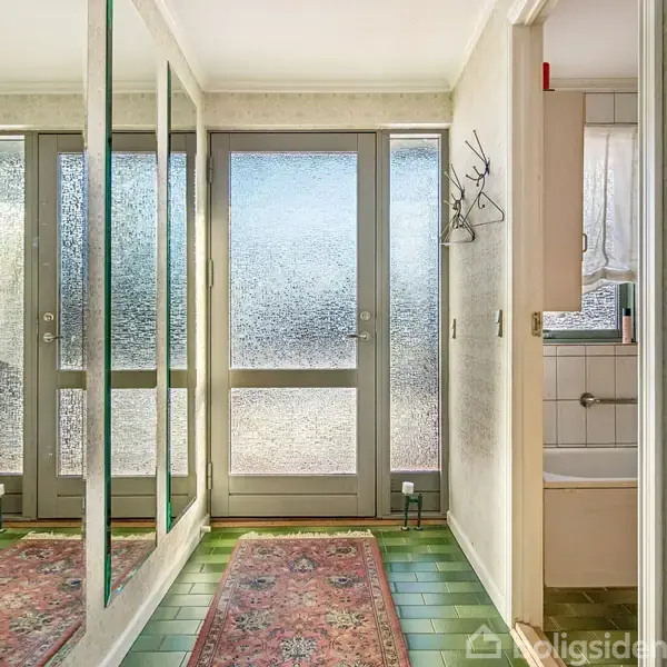 En lys entré med spejle på venstre væg og matterede glasdøre i baggrunden. Grønne fliser dækker gulvet, mens et langstrakt tæppe strækker sig. En dør til højre åbner mod et badeværelse.