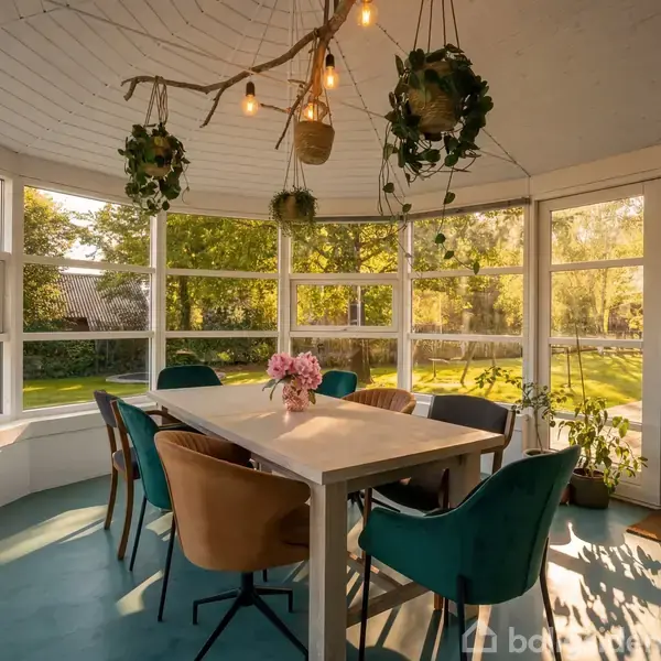 Et spisebord med stole står i en lys havestue. Over bordet hænger planter og lamper fra en gren. Udenfor ses en terrasse og en grøn have i sollys.