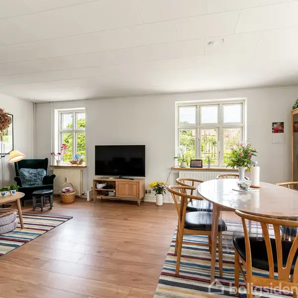Stue med spisestue. Fjernsyn på skænk, sofa og lænestol på tæpper, rundt spisebord med stole. Væggene har billeder, hylder med planter. Boligindretning er lys og indbydende.