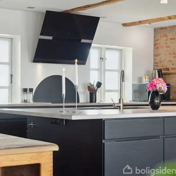 Et hvidt hus med sorte tagplader har flere vinduer og en dør. Der vokser buske foran huset, og en grussti strækker sig langs facaden.