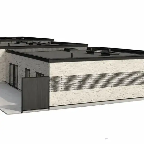 En moderne bygning med fladt sort tag og lyse murstensvægge står på en plan overflade. Vinduer og døre bryder murværkets enkelhed, mens mørke detaljer tilføjer kontrast.