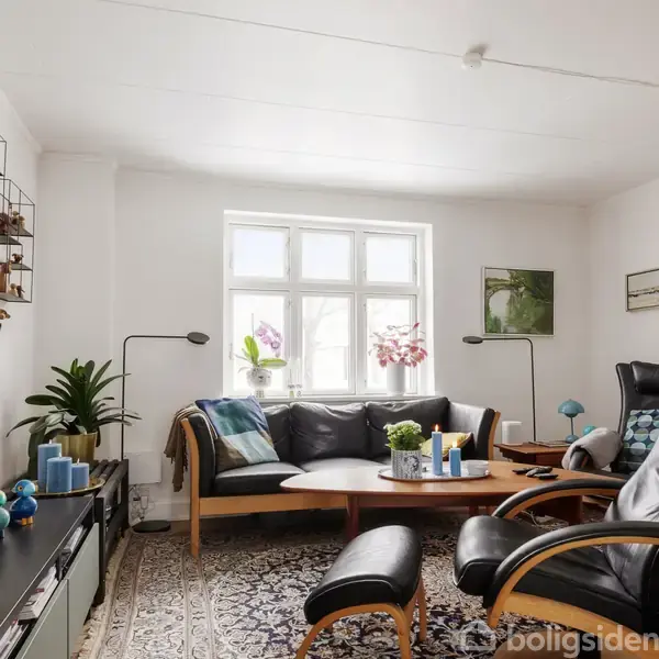 En stue med en sort lædersofa fyldt med puder, står foran et stort vindue. Et sofabord med planter og lys. Rummet er lyst og indrettet med grønne planter og kunst.